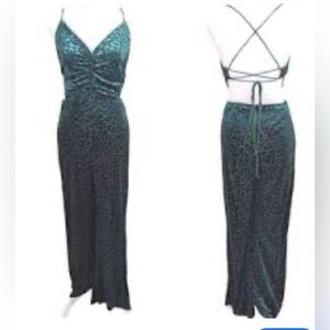 Miss Avenue Women’s‎ Strappy Back Wide Leg Green Leopard Burnout Jumpsuit Sz L